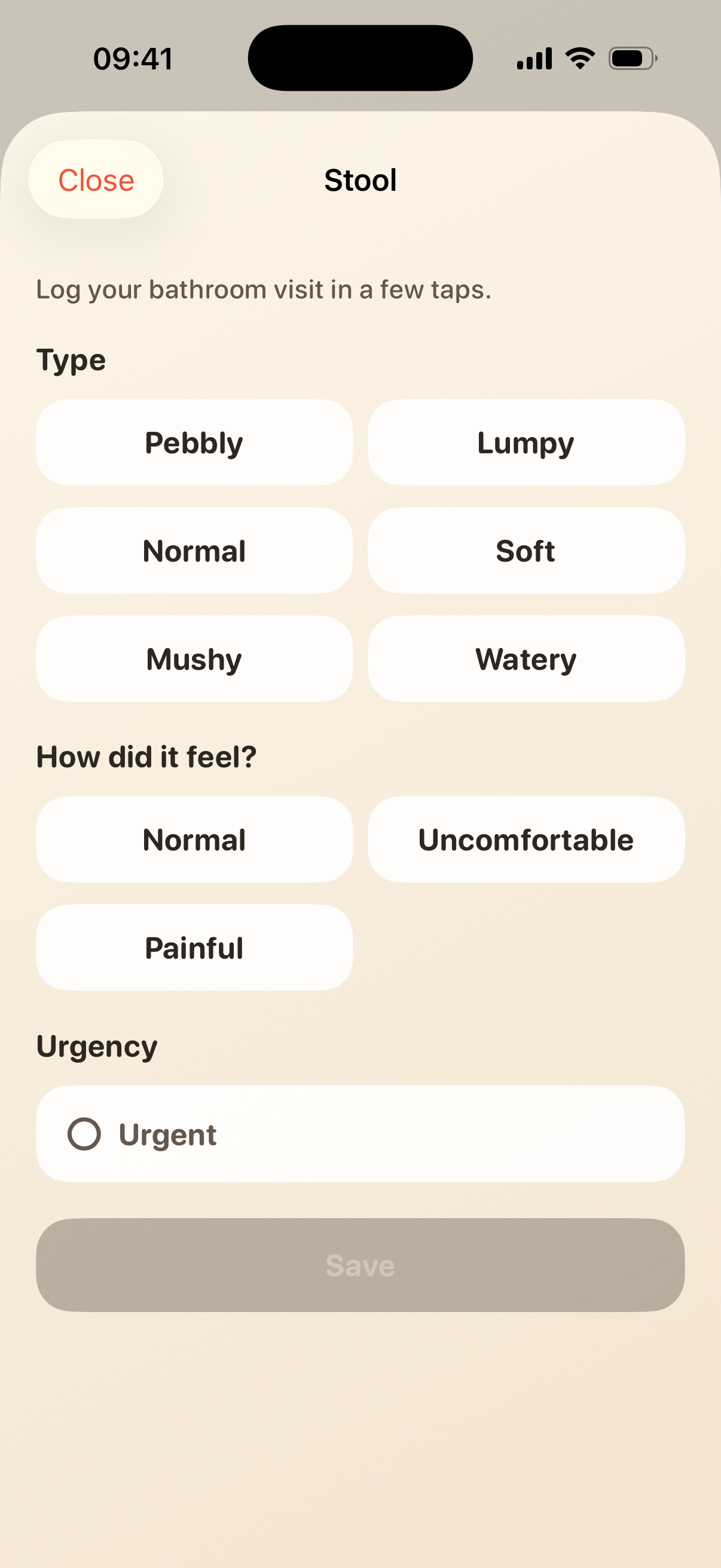 Stool logging screen in IBS Log